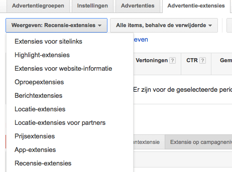 Beschikbare Advertentie extensies binnen Google Adwords