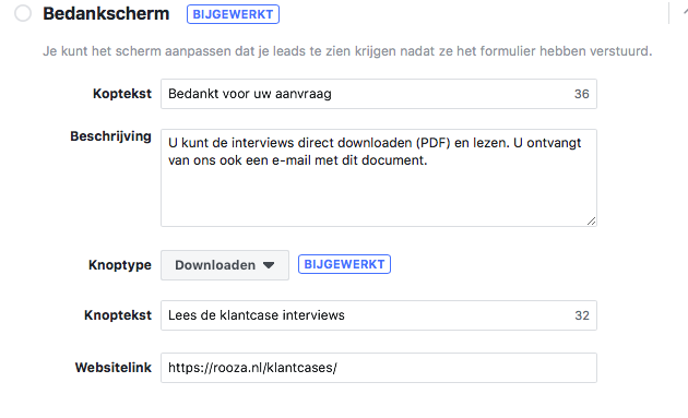 Bedanktscherm Facebook lead ads