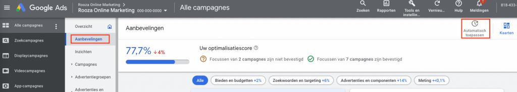 Auto-apply recommendations uitzetten binnen Google Ads