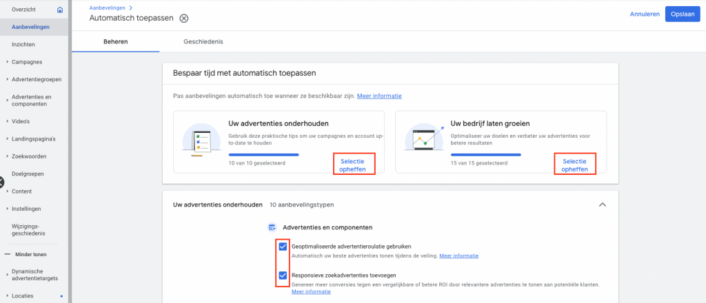 Auto-apply recommendations uitzetten binnen Google Ads