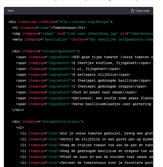 Afbeelding van schema markup gemaakt binnen ChatGPT. Het is de output.