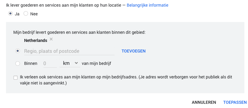 Google My Business instellingen